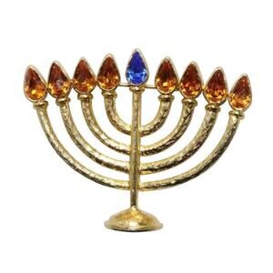 Vintage Hanukkah Menorah Brooch Amanda Smith Gold Plated Synthetic Stones NIB